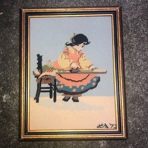 Vintage Needlepoint Girl Ironing Framed Art